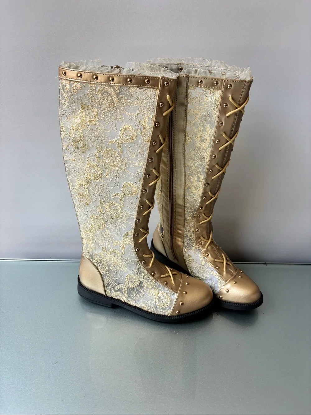 Trish Scully Elegant Lace-Embellished Gold Knee-High Girls Boots